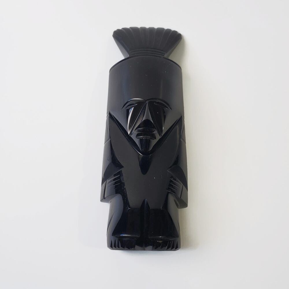 Vintage Black Obsidian Gold Sheen Hand Carved Mayan Aztec Figurine 5 1/4 in.
